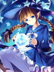 Rule 34 | 1girl, bison cangshu, blue eyes, braid, crystal ball, funamusea, hat, long hair, oounabara to wadanohara, pantyhose, pointy ears, sky, smile, solo, star (sky), star (symbol), starry sky, twin braids, twintails, wadanohara, witch hat