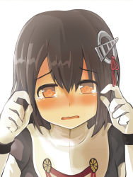 Rule 34 | 10s, 1girl, bad id, bad pixiv id, black hair, blush, brown eyes, chameleon man (three), elbow gloves, gloves, haguro (kancolle), hair ornament, kantai collection, looking at viewer, open mouth, personification, short hair, solo, tears, white background, white gloves