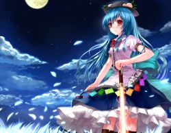 Rule 34 | 1girl, bad id, bad pixiv id, blue hair, bow, cloud, dress, female focus, food, fruit, hands on hilt, hat, highres, hinanawi tenshi, large bow, long hair, looking at viewer, momoko (momopoco), moon, night, night sky, peach, petals, red eyes, sky, solo, standing, sword, sword of hisou, touhou, weapon