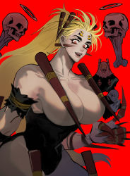 Rule 34 | 1girl, bare shoulders, blonde hair, breasts, cleavage, colored sclera, dai dark, earrings, extra eyes, halo, highres, huge breasts, jewelry, long hair, parted lips, ponytail, red background, red eyes, san 636465, shadow, shimada death, simple background, smile, solo, yellow sclera