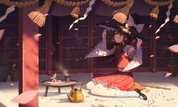 Rule 34 | 1girl, absurdres, alternate headwear, arms up, black footwear, blush, borrowed clothes, brown hair, bug, butterfly, chinese commentary, commentary request, cup, dappled sunlight, day, detached sleeves, food, gohei, hair blowing, hair tubes, hakurei reimu, hand on headwear, hat, hat ribbon, highres, insect, jira, long hair, looking away, looking up, mochi, ofuda, outdoors, petals, pillow, plant, plate, potted plant, red eyes, red skirt, red vest, ribbon, rope, shadow, shide, shimenawa, sidelocks, sitting, sitting on pillow, skirt, skirt set, sliding doors, socks, solo, steam, stone floor, sunlight, table, teapot, touhou, very long hair, vest, wariza, white socks, wide sleeves, wind, witch hat, yunomi