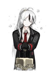 Rule 34 | 1boy, ahoge, black coat, black gloves, black vest, chain, closed mouth, coat, collared shirt, earpiece, gloves, greatsword, highres, library of ruina, limbus company, lock, long sleeves, multicolored hair, necktie, project moon, red necktie, shan23852196, shirt, side ponytail, smile, solo, streaked hair, sword, vest, weapon, white background, white eyes, white hair, white shirt, yan vismok