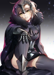 Rule 34 | 1girl, armor, armored boots, belt, black thighhighs, blonde hair, blurry, boots, cape, chain, convenient leg, depth of field, eyebrows, fate/grand order, fate (series), fringe trim, gauntlets, gradient background, grin, hand on own knee, head tilt, highres, jeanne d&#039;arc (fate), jeanne d&#039;arc alter (avenger) (fate), jeanne d&#039;arc alter (avenger) (first ascension) (fate), jeanne d&#039;arc alter (fate), light particles, long sleeves, looking at viewer, murakami yuichi, ruler (fate/grand order), short hair, sitting, smile, solo, thighhighs, upskirt, yellow eyes