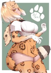 Rule 34 | 1girl, animal ears, blonde hair, blush, bow, bowtie, breasts, cat day, elbow gloves, fur collar, gloves, highres, jaguar (kemono friends), jaguar ears, jaguar print, jaguar tail, kemono friends, kemono friends 3, large breasts, looking at viewer, multicolored hair, shirt, short hair, short sleeves, skirt, solo, tail, thick thighs, thighhighs, thighs, yellow eyes, yongo ichifu