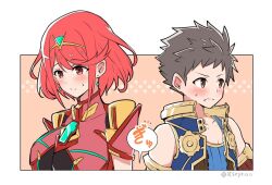 Rule 34 | 1boy, 1girl, armlet, bare shoulders, blue shirt, blue vest, blush, brown hair, chest jewel, closed mouth, dangle earrings, earrings, impossible clothes, jewelry, looking away, mochimochi (xseynao), nervous smile, pyra (xenoblade), red eyes, red hair, rex (xenoblade), shirt, short hair, sleeveless, sleeveless shirt, smile, speech bubble, spiked hair, sweatdrop, swept bangs, twitter username, upper body, vest, xenoblade chronicles (series), xenoblade chronicles 2, yellow eyes