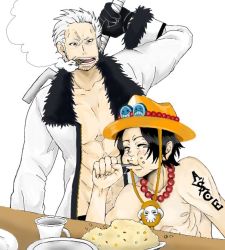Rule 34 | 2boys, alabasta, cigar, eating, food, jitte, male focus, multiple boys, one piece, portgas d. ace, smoker (one piece), smoking, topless male, weapon, white hair