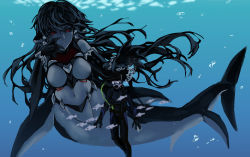 Rule 34 | 1boy, 1girl, air bubble, bare shoulders, black hair, black sclera, blue skin, breasts, bubble, colored sclera, colored skin, fins, fish, full body, giant, giantess, gills, hair between eyes, head fins, highres, light smile, long hair, looking at another, medium breasts, mermaid, mershark (monster girl encyclopedia), midriff, monster girl, monster girl encyclopedia, navel, reaching, reaching towards viewer, red eyes, scuba, scuba gear, shark girl, size difference, underwater, webbed hands, zakirsiz