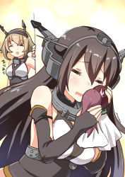 Rule 34 | 10s, 4girls, ^ ^, absurdres, bare shoulders, black hair, breasts, brown hair, closed eyes, drooling, elbow gloves, fingerless gloves, gloves, gradient background, gradient hair, hair ornament, hand on wall, headband, headgear, highres, kantai collection, kisaragi (kancolle), large breasts, long hair, multicolored hair, multiple girls, mutsu (kancolle), mutsuki (kancolle), nagato (kancolle), open mouth, red hair, ryuki (ryukisukune), short hair, smile, teruterubouzu, translation request