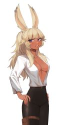 Rule 34 | 1girl, absurdres, animal ears, warrior of light (ff14), black pants, blonde hair, blue eyes, breasts, cleavage, collarbone, commission, cowboy shot, dark-skinned female, dark skin, final fantasy, final fantasy xiv, freckles, highres, holster, long hair, long sleeves, medium breasts, no bra, open clothes, open shirt, original, pants, parted lips, rabbit ears, rabbit girl, shirt, simple background, smile, solo, thigh holster, tsu (lovesick1964), white background, white shirt