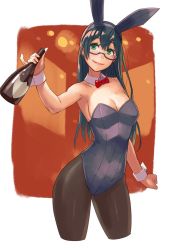 Rule 34 | 10s, 1girl, alternate costume, animal ears, armpits, bare shoulders, black-framed eyewear, black hair, black pantyhose, blush, bottle, bow, bowtie, breasts, cleavage, closed mouth, commentary request, cowboy shot, detached collar, fake animal ears, glasses, green eyes, hair between eyes, hairband, holding, holding bottle, kantai collection, leotard, long hair, looking at viewer, medium breasts, ooyodo (kancolle), orange background, pantyhose, playboy bunny, rabbit ears, red bow, red bowtie, semi-rimless eyewear, sideboob, simple background, smile, solo, under-rim eyewear, white background, wrist cuffs, yuuji (and)
