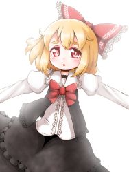 Rule 34 | 1girl, backlighting, blonde hair, bow, hair bow, highres, juliet sleeves, long sleeves, open mouth, outstretched arms, puffy sleeves, red eyes, roco (katsuya1011), rumia, shirt, skirt, skirt set, solo, touhou, vest