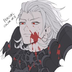 Rule 34 | 1boy, armor, bad id, bad twitter id, blood, blood on face, english text, flat color, granblue fantasy, hair slicked back, highres, kyou (ningiou), male focus, medium hair, parted lips, percival (granblue fantasy), portrait, red eyes, simple background, sketch, smile, solo, white background, white hair