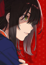 Rule 34 | 1girl, arisaka ako, black hair, commentary request, from side, green eyes, hair between eyes, hair ribbon, long hair, looking away, original, parted lips, patterned background, pink lips, profile, red background, red ribbon, ribbon, solo, upper body