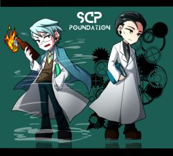 Rule 34 | 2boys, artist request, black hair, blue hair, bottle, chibi, copyright name, fire, gears, gears (scp), glasses, green eyes, iceberg (scp), lab coat, male focus, molotov cocktail, multiple boys, necktie, open mouth, scp foundation, standing, vest