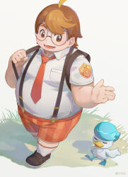 1boy absurdres ahoge backpack bag bara black_footwear blush brown_eyes brown_hair collared_shirt creatures_(company) fat fat_man full_body game_freak glasses highres hohma_(pokemon) male_focus necktie nintendo orange_shorts pokemon pokemon:_paldean_winds pokemon_(creature) quaxly red_necktie round_eyewear seamonsterping shirt short_hair short_sleeves shorts signature socks striped_clothes striped_shorts suspenders vertical-striped_clothes vertical-striped_shorts walking white_shirt white_socks