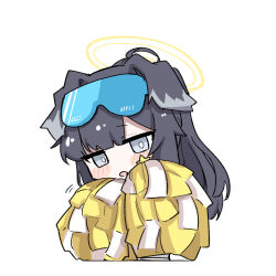 Rule 34 | 1girl, absurdres, animal ears, black hair, blue-tinted eyewear, blue archive, blush, dog ears, eyewear on head, fami miminmin, grey eyes, halo, hibiki (blue archive), hibiki (cheer squad) (blue archive), highres, holding, holding pom poms, long hair, looking at viewer, official alternate costume, open mouth, pom pom (cheerleading), pom poms, safety glasses, simple background, solo, tinted eyewear, upper body, white background, yellow halo