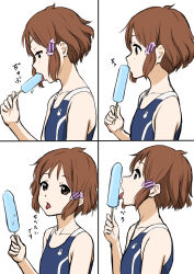 Rule 34 | 1girl, blush, brown hair, food, highres, hirondo, licking, looking at viewer, makino kanna, medium hair, open mouth, popsicle, sexually suggestive, solo, swimsuit, tamako market, tongue, tongue out, white background