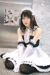 Rule 34 | 1girl, apron, asian, azumo yuiko, bare shoulders, blurry, cosplay, depth of field, detached collar, elbow gloves, gloves, highres, japanese (nationality), kore ga watashi no goshujin-sama, kurauchi anna, looking at viewer, maid, maid apron, maid headdress, nakabayashi yoshitaka&#039;s maid uniform, photo (medium), ribbon, sitting, solo, thighhighs, wariza, white gloves