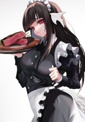 Rule 34 | 1girl, absurdres, apron, archived source, au ra, bad id, bad twitter id, black dress, black hair, black shirt, blunt bangs, breasts, cowboy shot, cyobiro, dragon girl, dragon horns, dragon tail, dress, final fantasy, final fantasy xiv, food, highres, hime cut, holding, holding tray, horns, juliet sleeves, large breasts, long hair, long sleeves, maid, maid apron, maid headdress, puffy sleeves, red eyes, scales, shirt, sidelocks, solo, steak, tail, tray, very long hair, warrior of light (ff14), white background