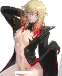 Rule 34 | 1boy, bar censor, bishounen, black coat, black gloves, blonde hair, censored, closed mouth, coat, flaccid, gloves, grey background, hand on own head, highres, male focus, male pubic hair, megido72, mole, mole under eye, multicolored hair, open clothes, open coat, penis, pubic hair, red hair, satan (megido72), short hair, simple background, smile, solo, user ahgm4822, yellow eyes