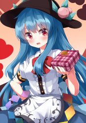 Rule 34 | 1girl, apron, blue hair, blue skirt, bow, bowtie, box, box of chocolates, collared shirt, gift, heart, heart background, highres, hinanawi tenshi, holding, holding box, holding gift, long hair, open mouth, orange background, puffy short sleeves, puffy sleeves, red bow, red bowtie, red eyes, ruu (tksymkw), shirt, short sleeves, sidelocks, simple background, skirt, solo, touhou, very long hair, waist apron, white apron, white shirt
