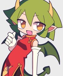 Rule 34 | 1girl, brown eyes, brown pants, china dress, chinese clothes, commentary, draco centauros, dragon girl, dragon tail, dragon wings, dress, fang, gloves, green hair, green wings, grey background, hair between eyes, highres, horns, ikyllua, looking at viewer, madou monogatari, open mouth, pants, pointy ears, puyopuyo, red dress, short hair, side slit, simple background, solo, tail, white gloves, wings, yellow horns