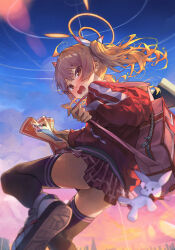 Rule 34 | 1girl, absurdres, ahoge, ass, bag, black thighhighs, blonde hair, blue archive, blush, brown eyes, hair ribbon, halo, highres, holding, holding weapon, hone (hone art), jacket, long hair, long sleeves, looking at viewer, open mouth, pleated skirt, red jacket, ribbon, school uniform, shoulder bag, simple background, skirt, solo, stuffed animal, stuffed rabbit, stuffed toy, thighhighs, thighs, twintails, weapon, yoshimi (blue archive)