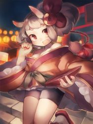 Rule 34 | 1girl, :d, bad id, bad pixiv id, breasts, brown eyes, cleavage, cup, etoken, fang, gourd, grey hair, hair ornament, holding, horns, lolita fashion, looking at viewer, nekotewi, open mouth, original, plate, sakazuki, smile, solo, wa lolita