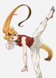 Rule 34 | 1girl, animal ears, bare shoulders, black footwear, bracelet, brown hair, circlet, commentary, cowboy shot, flats, golden snub-nosed monkey (kemono friends), grey background, hair between eyes, high kick, highres, jewelry, kemono friends, kemono friends 3, kicking, long hair, monkey ears, monkey girl, monkey tail, multicolored hair, necklace, official alternate costume, orange hair, pants, ponytail, red sweater, sidelocks, simple background, sleeveless, solo, standing, standing on one leg, striped clothes, striped footwear, sweater, tail, tanabe (fueisei), two-tone footwear, white footwear, white pants