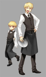 Rule 34 | 2boys, aged down, blonde hair, bow, bowtie, child, child gilgamesh (fate), dual persona, earrings, fate/hollow ataraxia, fate/stay night, fate (series), gilgamesh (fate), jewelry, male focus, multiple boys, necktie, red eyes, short hair, simple background, sunday31, vest, waistcoat, waiter