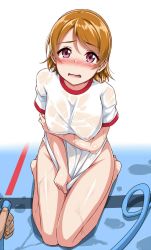Rule 34 | 10s, 1girl, barefoot, blush, breast hold, breasts, brown hair, commentary request, groin, gym shirt, hose, koizumi hanayo, large breasts, looking at viewer, love live!, love live! school idol project, naked shirt, nose blush, open mouth, pov, pov hands, puddle, purple eyes, see-through, shirt, shirt tug, short hair, short sleeves, sitting, solo focus, tears, thighs, wet, wet clothes, wet shirt, yopparai oni