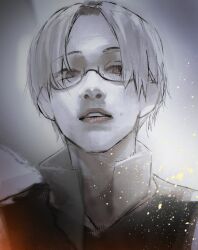 Rule 34 | 1boy, alternate name spelling, ammenite, blonde hair, body writing, choujin x, collared jacket, english text, facing viewer, glasses, grey background, higashi azuma (choujin x), jacket, lips, looking to the side, macman queem (choujin x), male focus, muted color, yellow eyes