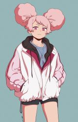 Rule 34 | 1girl, black shorts, blue background, blue shirt, chuatury panlunch, commission, gundam, gundam suisei no majo, hands in pockets, highres, hood, hoodie, inumawoo, long sleeves, looking at viewer, partially unzipped, pink eyes, pink hair, pink hoodie, shirt, shorts, solo, two-tone hoodie, white hoodie