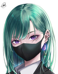 Rule 34 | 1girl, absurdres, black mask, collared shirt, commentary request, dynr-cloly, ear piercing, earrings, facial mark, green hair, hair behind ear, hair between eyes, highres, jewelry, long hair, looking at viewer, makeup, mask, mouth mask, piercing, portrait, purple eyes, shirt, signature, simple background, solo, virtual youtuber, vspo!, white background, white shirt, yakumo beni