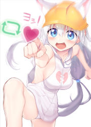 Rule 34 | 1girl, animal ear fluff, animal ears, bare shoulders, blue eyes, blurry, blurry foreground, blush, breasts, broken heart, cat ears, commentary request, ears through headwear, fang, genba neko (meme), hard hat, heart, helmet, highres, hood, hooded sweater, long hair, medium breasts, meme, motion blur, no bra, no pants, open clothes, open mouth, open shirt, original, panties, pointing, sideboob, simple background, solo, standing, standing on one leg, suga hideo, sweater, tareme, translation request, twintails, underwear, very long hair, white background, white hair, white panties, white sweater, zipper pull tab