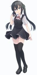 Rule 34 | 1girl, alternate hairstyle, asashio (kancolle), belt, black dress, black footwear, black hair, black thighhighs, blue eyes, buttons, dress, full body, green ribbon, hair between eyes, hair ribbon, highres, kantai collection, long hair, looking at viewer, mary janes, neck ribbon, open mouth, pinafore dress, red ribbon, ribbon, shirt, shoes, short sleeves, simple background, skirt, sleeveless, sleeveless dress, smile, solo, standing, thighhighs, twintails, usagikoya, white background, white shirt