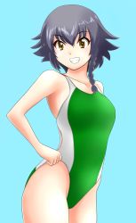 Rule 34 | 10s, 1girl, absurdres, black hair, blue background, braid, brown eyes, collarbone, commentary request, competition swimsuit, cowboy shot, flat chest, girls und panzer, green one-piece swimsuit, grin, highres, looking at viewer, nanao futaba, one-piece swimsuit, pepperoni (girls und panzer), short hair, side braid, simple background, smile, solo, standing, swimsuit