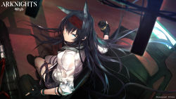 Rule 34 | 1girl, absurdres, animal ears, arknights, black gloves, black hair, blaze (arknights), blue eyes, cat ears, copyright name, fingerless gloves, gloves, hair between eyes, hairband, highres, holding, jacket, long hair, looking at viewer, official art, red hairband, sakusyo, solo, thigh strap, white jacket