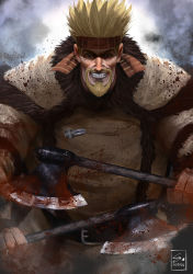 Rule 34 | axe, blonde hair, blood, blood on clothes, clip studio paint (medium), dual wielding, fur trim, grin, highres, holding, holding weapon, looking at viewer, realistic, sebijy, smile, solo, thorkell, viking, vinland saga, weapon