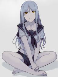Rule 34 | 1girl, abyssal ship, barefoot, breasts, collarbone, denim, denim shorts, full body, grey background, highres, kantai collection, crossed legs, long hair, looking at viewer, medium breasts, pale skin, parted lips, sailor collar, short sleeves, shorts, sidelocks, silver hair, simple background, sitting, smile, solo, ta-class battleship, teeth, walzrj, yellow eyes