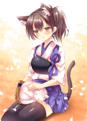 Rule 34 | 10s, 1girl, animal, animal ears, black thighhighs, blush, brown eyes, brown hair, cat, cat ears, cat tail, gloves, japanese clothes, kaga (kancolle), kantai collection, kemonomimi mode, muneate, nogi takayoshi, open mouth, partially fingerless gloves, partly fingerless gloves, petals, short hair, side ponytail, single glove, sitting, skirt, solo, tail, thighhighs, yugake