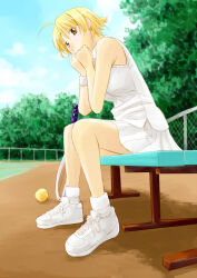 Rule 34 | 1girl, ahoge, antenna hair, arm support, ball, bare arms, bare shoulders, blonde hair, blue sky, cloud, cloudy sky, collared shirt, commentary request, fence, from below, from side, looking to the side, original, pleated skirt, racket, satsuki mikazu, shirt, shoes, short hair, sitting, skirt, sky, sleeveless, sleeveless shirt, sneakers, socks, solo, sportswear, tennis ball, tennis court, tennis racket, tennis uniform, white footwear, white shirt, white skirt, white sneakers, white socks, white wristband, wristband, yellow eyes
