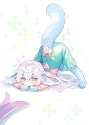 Rule 34 | 1girl, aqua dress, arched back, blue fur, dress, flexible, furry, furry female, furry male, hands on ground, highres, jack-o&#039; challenge, long hair, long sleeves, looking at viewer, original, pink sleeves, pointy ears, red eyes, spread legs, white hair, wide spread legs, yadayada