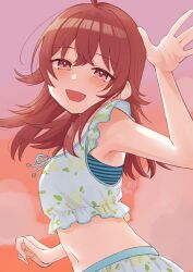 Rule 34 | 1girl, ahoge, armpits, blurry, blurry background, blush, crossed bangs, dot nose, hair between eyes, hand up, highres, idolmaster, idolmaster shiny colors, komiya kaho, looking at viewer, medium hair, messy hair, midriff, mitora nao, navel, open mouth, red eyes, red hair, smile, solo, stomach, upper body, waving, white swimsuit