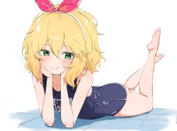 Rule 34 | 1girl, absurdres, barefoot, blonde hair, blue one-piece swimsuit, blush, closed mouth, collarbone, commentary, feet up, full body, hair between eyes, hair ribbon, hairband, highres, idolmaster, looking at viewer, lying, medium hair, name tag, on stomach, one-piece swimsuit, pink ribbon, ribbon, rnekon215, sakurai momoka, school swimsuit, smile, solo, swimsuit, the pose, toes, white hairband