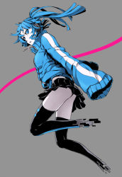 Rule 34 | 1girl, black thighhighs, blue eyes, blue hair, digital dissolve, ene (kagerou project), from below, from side, full body, grey background, headphones, kagerou project, long hair, matching hair/eyes, miniskirt, shanpao, skirt, sleeves past wrists, solo, thighhighs, twintails