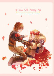 Rule 34 | 1boy, 1girl, astrid hofferson, blonde hair, blue eyes, blush, bodysuit, couple, eye contact, field, flower, flower field, full body, fur collar, hair flower, hair ornament, hiccup horrendous haddock iii, how to train your dragon, how to train your dragon 2, kadeart, knees to chest, knees to chest, leg warmers, long hair, looking at another, on one knee, prosthesis, prosthetic leg, pteruges, sitting, viking