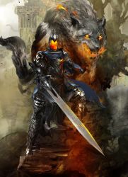 Rule 34 | 1boy, animal, armor, artorias the abysswalker, blue cape, breath weapon, breathing fire, cape, cloud, cloudy sky, dark souls (series), dark souls i, day, debris, embers, faceless, fangs, fire, fire body, flaming eyes, flaming sword, flaming weapon, full armor, great grey wolf sif, grey wolf, highres, kekai kotaki, knight, light rays, long sword, looking at viewer, oversized animal, ruins, severed arm, severed limb, shield, sky, stairs, standing, sunlight, torn cape, torn clothes, tree, unfinished, wolf
