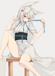 Rule 34 | 1girl, animal ears, barefoot, blue ribbon, closed mouth, commentary request, flower, grey background, grey hair, grey kimono, hair between eyes, hair flower, hair ornament, hairclip, hinako (anzu15), japanese clothes, kimono, knee up, mouth hold, obi, original, rabbit ears, red eyes, red flower, ribbon, ribbon in mouth, sash, short sleeves, simple background, sitting, solo, tasuki
