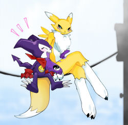 blush digimon digimon_tamers fox furry imp impmon renamon sitting yin_yang